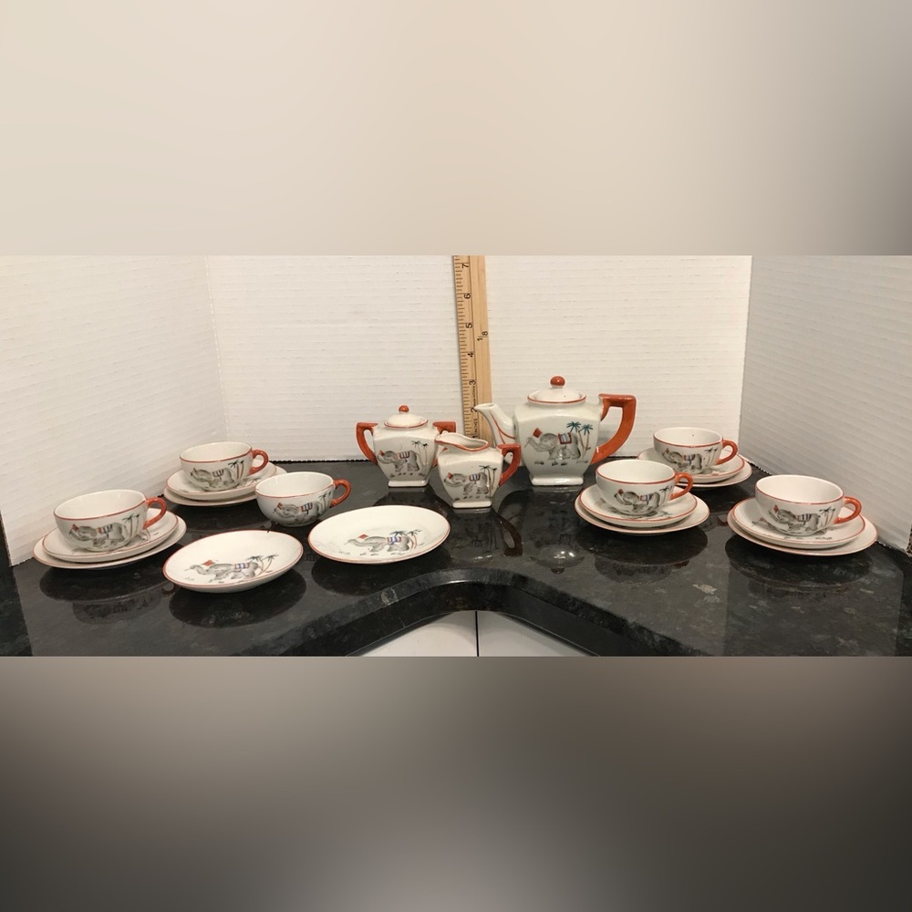Vintage 23 piece CHILDS DOLL size porcelain Tea Set with Elephants